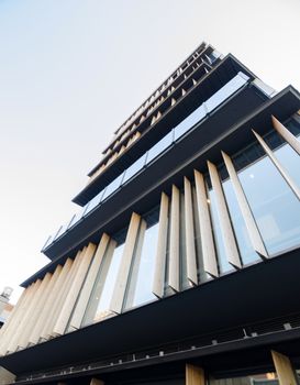 Wooden fin facade of a modern building in Asakusa, Tokyo, Japan