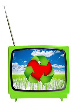 Eco Green TV concept. Vintage television isolated on the white background.