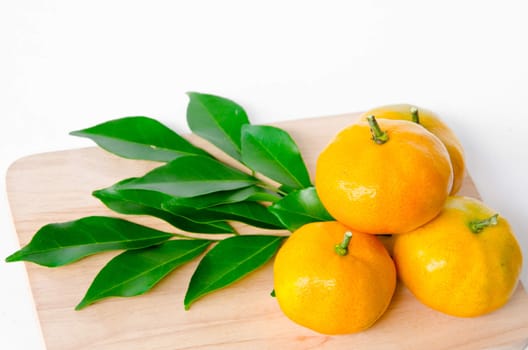 Many ripe orange fruit and leaves on wood