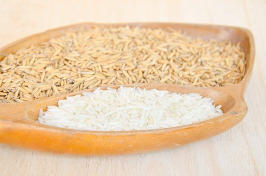 different of paddy and raw rice in wooden bowl on wooden background.