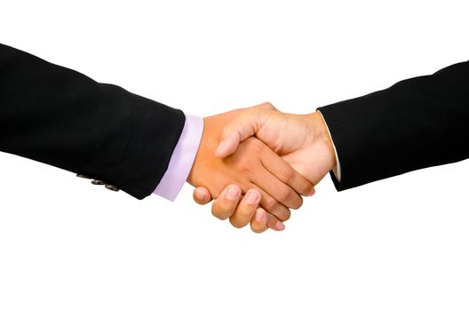 Hand shake between a businessman and a businesswoman isolated on white. clipping path.