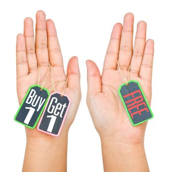 Buy 1 Get 1 label tag on women hand isolated on white background. clipping path.
