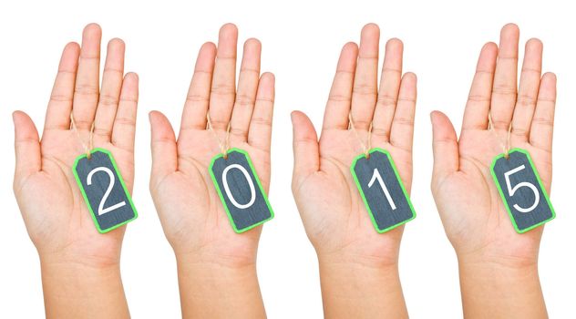 Hand holding blank 2015 wooden tag isolated on white background. clipping path.