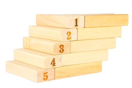 stairs wooden with number five up to number one on white background clipping paht.