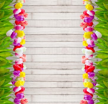Bouquet tulip flowers on wooden wallpaper background.