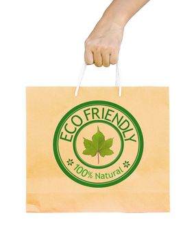man holding a shopping recycle bag isolated on white background. clipping path. ECO Friendly 100% natural.