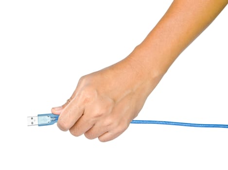 Hand holding USB cable isolated on white background. clipping path.
