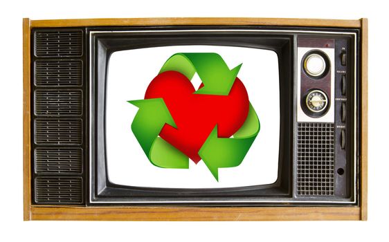 vintage television and red heart recycle sign. recycle concept.