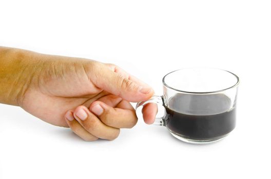 Man hand holding a glass cup of coffee on white background.