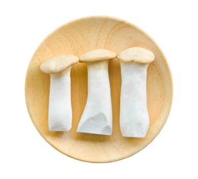king oyster mushrooms (pleurotus eryngi) in wooden dish on White Background