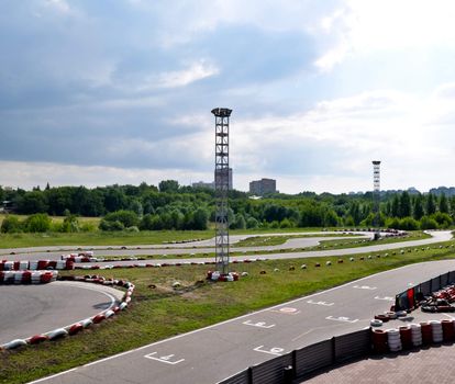 outdoor winding asphalt karting track in city boundaries