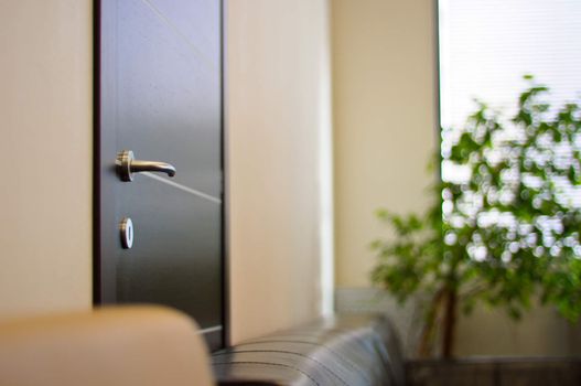 Wenge door with a metal handle in the office close up