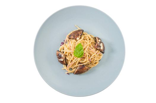 Pasta with Shiitake (Mushroom), Chinese food in European style isolated on white background with clipping path