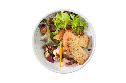 Modern style salad with garlic toast and grilled pork with barbecue sauce