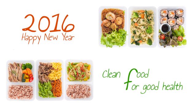 sushi, stir fried fish, fettuccine, roasted pork, grilled pork with eggs, and Shrimp and vermicelli baked with herbs cooked by clean food concept on white background with "2016 Happy new year clean food for good health" message.