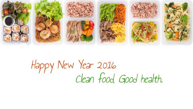 sushi, stir fried fish, fettuccine, roasted pork, grilled pork with eggs, and Shrimp and vermicelli baked with herbs cooked by clean food concept on white background with "Happy new year 2016 Good food good health" message.