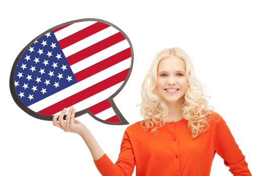 education, foreign language, english, people and communication concept - smiling woman holding text bubble of american flag