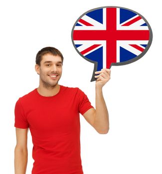 education, fogeign language, english, people and communication concept - smiling young man holding text bubble of british flag