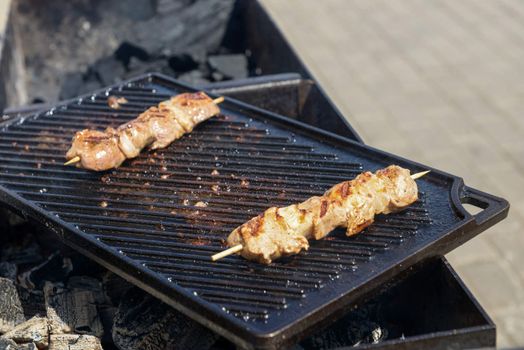 Juicy roasted kebabs on the grill in smoke