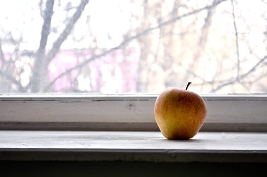 Red apple on a window sill