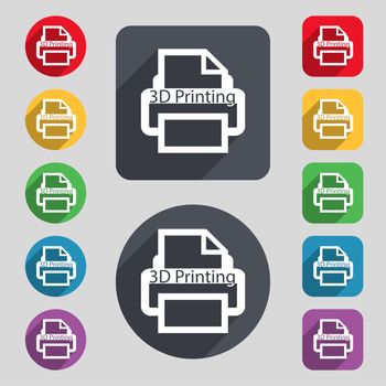 3D Print sign icon. 3d-Printing symbol. Set of colored buttons. illustration