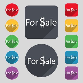 For sale sign icon. Real estate selling. Set of colored buttons. illustration