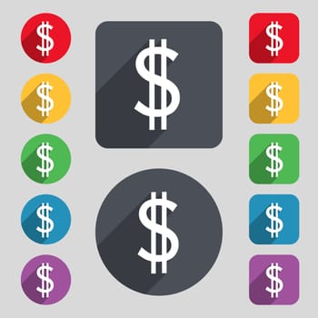 Dollars sign icon. USD currency symbol. Money label. Set of colored buttons. illustration