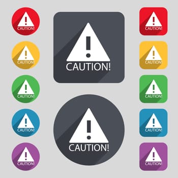 Attention caution sign icon. Exclamation mark. Hazard warning symbol. Set of colored buttons illustration