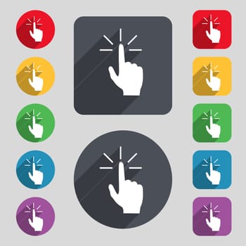 Click here hand icon sign. A set of 12 colored buttons and a long shadow. Flat design. 