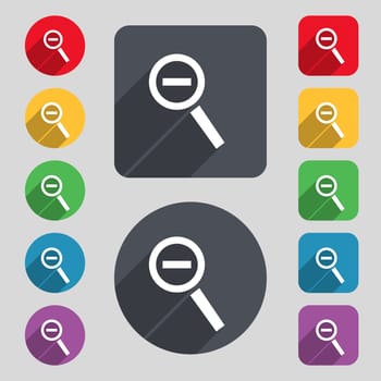 Magnifier glass, Zoom tool icon sign. A set of 12 colored buttons and a long shadow. Flat design. 