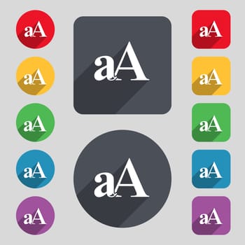 Enlarge font, aA icon sign. A set of 12 colored buttons and a long shadow. Flat design. 
