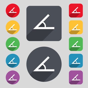 Angle 45 degrees icon sign. A set of 12 colored buttons and a long shadow. Flat design. 