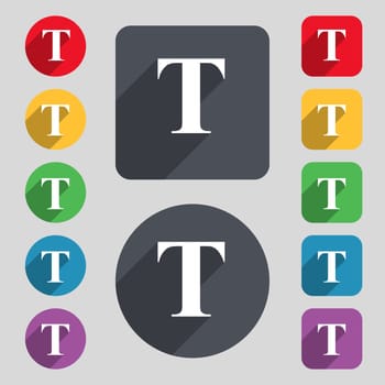 Text edit icon sign. A set of 12 colored buttons and a long shadow. Flat design. 