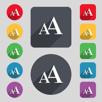 Enlarge font, AA icon sign. A set of 12 colored buttons and a long shadow. Flat design. 