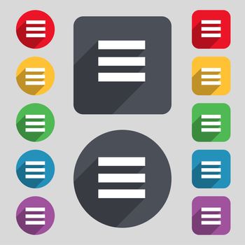 Align text to the width icon sign. A set of 12 colored buttons and a long shadow. Flat design. 