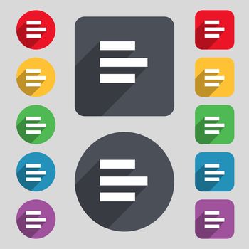 Left-aligned icon sign. A set of 12 colored buttons and a long shadow. Flat design. 