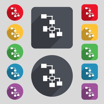 Local Network icon sign. A set of 12 colored buttons and a long shadow. Flat design. 