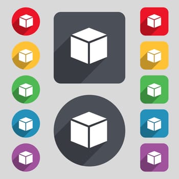 3d cube icon sign. A set of 12 colored buttons and a long shadow. Flat design. 