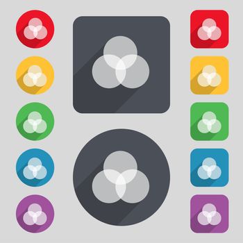 Color scheme icon sign. A set of 12 colored buttons and a long shadow. Flat design. 