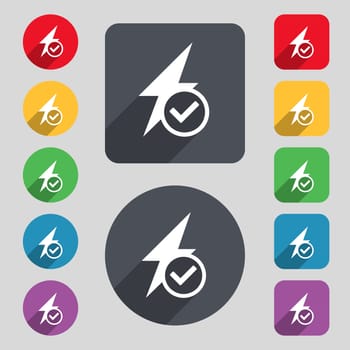 Photo flash icon sign. A set of 12 colored buttons and a long shadow. Flat design. 