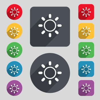 Brightness icon sign. A set of 12 colored buttons and a long shadow. Flat design. 