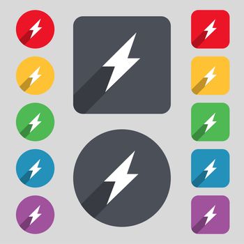 Photo flash icon sign. A set of 12 colored buttons and a long shadow. Flat design. 