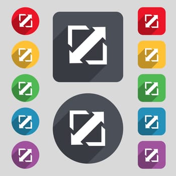 Deploying video, screen size icon sign. A set of 12 colored buttons and a long shadow. Flat design. 