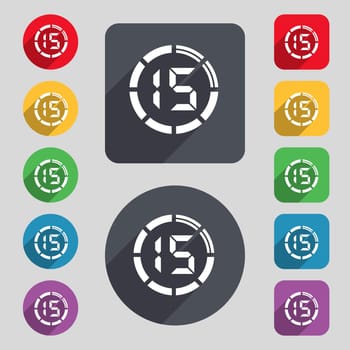 15 second stopwatch icon sign. A set of 12 colored buttons and a long shadow. Flat design. 