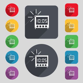 digital Alarm Clock icon sign. A set of 12 colored buttons and a long shadow. Flat design. 