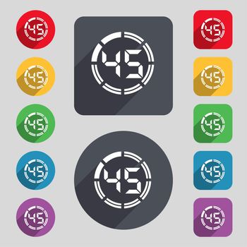 45 second stopwatch icon sign. A set of 12 colored buttons and a long shadow. Flat design. 