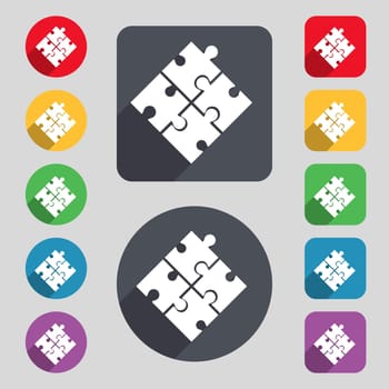 Puzzle piece icon sign. A set of 12 colored buttons and a long shadow. Flat design. 