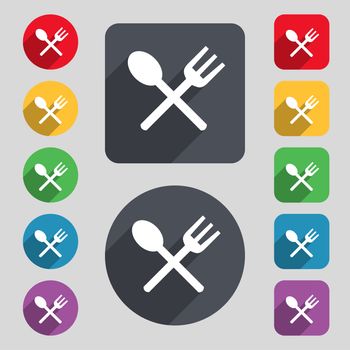 Fork and spoon crosswise, Cutlery, Eat icon sign. A set of 12 colored buttons and a long shadow. Flat design. 