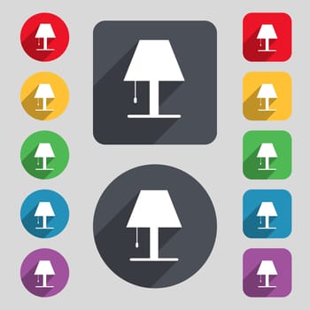 Lamp icon sign. A set of 12 colored buttons and a long shadow. Flat design. 