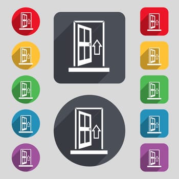 Door, Enter or exit icon sign. A set of 12 colored buttons and a long shadow. Flat design. 